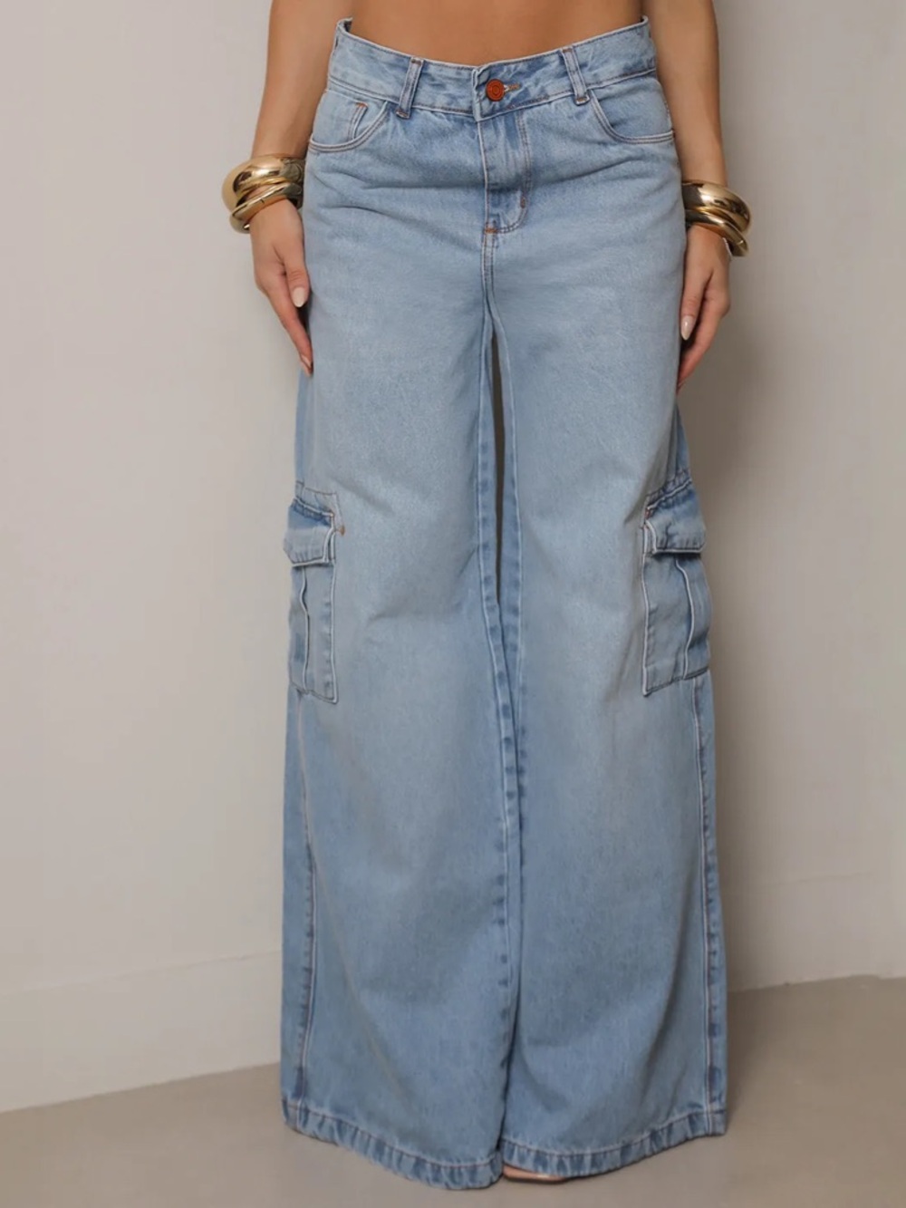 High-Rise Light Blue Wide-Leg Cargo Jeans - Women's Denim